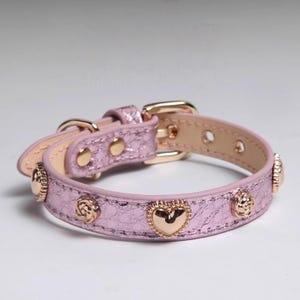 Luxury Pink Sparkle Leather Dog Collar  Elegant Rose Gold Heart and Floral Accents Glamorous Designer Bling Pet Collar Premium Quality Style