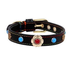 Black Leather Dog Collar with Colorful Stitching – Gold Flower Concho & Turquoise Studs – Adjustable Pet Collar, Handmade Gift