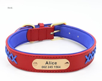 Personalisierbares Hundehalsband mit graviertem Typenschild | Personalisierte Haustier-Halsband mit Laser-Gravur | Verstellbares Lederhalsband für Hunde