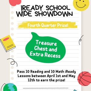 Peut inclure: Une affiche colorée annonçant le "IREADY SCHOOL WIDE SHOWDOWN" avec le texte "Fourth Quarter Prize!". Le prix est un "Treasure Chest and Extra Recess". Elle invite à compléter des leçons entre le 1er avril et le 12 mai.