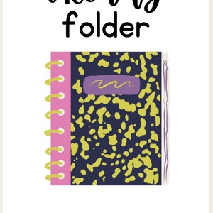 May include: A school folder with the text "iReady folder" in black script. The folder has a navy blue cover with yellow spots and a purple rectangle. The folder is spiral-bound with a pink spine and yellow coils. The bottom of the folder has the text "name:" followed by a line for the name.