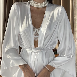 Long white robe for bride, Kimono wedding robe, Satin floor length robe, Getting ready bride robe, Maxi kimono robe, Bridal robe long kimono