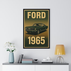 Póster enmarcado vertical del Ford Mustang 1965, arte mural de coches clásicos, decoración retro para el hogar, regalo para amantes de los coches, pieza de coleccionista.