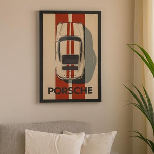 Porsche 911 Wall Art, Vintage Car Poster, Retro Racing Stripe Print, Classic Sports Car Decor for Garage or Man Cave