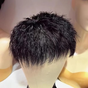 Pruik van echt haar voor mannen, zwart haar aan de voorkant, kort krullend echt haar voor mannen, pruik met pony, permanente pruik aluminiumfolie, kanten pruik voor heren