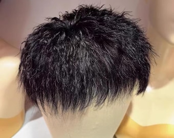 Black Real Hair Men's Wig, Short Curly Lace Front Wig with Bangs