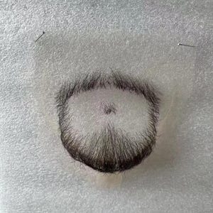 May include: A dark brown beard piece on a sheer, light-coloured base. The beard is densely packed with individual hairs, creating a full, natural appearance. Two pins are visible, likely for attachment.