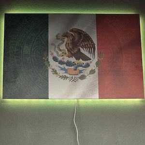 Op de afbeelding: Rechthoekige wandkunst met de Mexicaanse vlag in een distressed design. De vlag toont de kleuren groen, wit en rood, met het Mexicaanse wapen in het midden. Het kunstwerk is verlicht met een groene rand en heeft een netsnoer.
