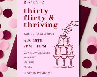 30th Birthday Invitation – Pink and Red Thirty Flirty and Thriving – Editable Canva Template – Digital Download – Customisable Invite - Girl