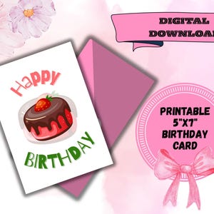 Carte d'anniversaire imprimable en téléchargement numérique, carte de joyeux anniversaire, carte de gâteau d'anniversaire, JPG, format PDF, téléchargement immédiat,