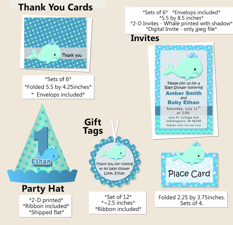 Banner Blue Favors Turquoise Teal Aqua Baby boy WHALE Baby Shower CUPCAKE TOPPERS or Whale Birthday Party Decorations Invitation