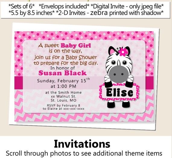 Pink Baby Girl Zebra Baby Shower Invitation Zebra Birthday Etsy