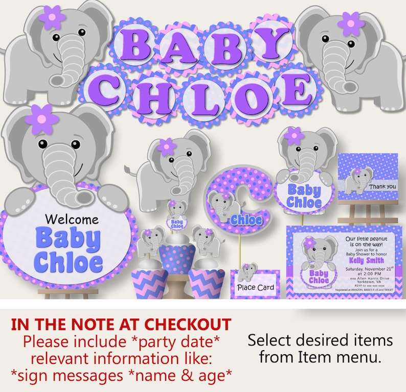 Purple Elephant Baby Shower Decorations Girl Birthday Party Cake Topper