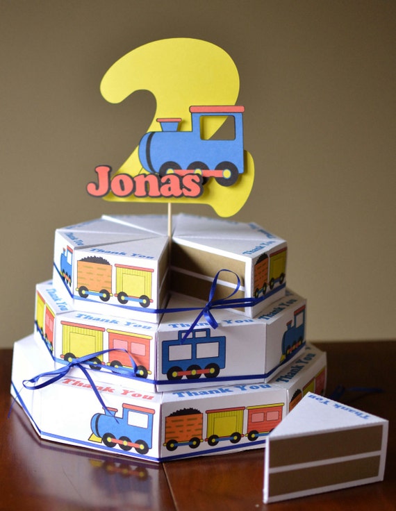 Train Birthday Party FAVOR BOX CAKE with 3-D Cake Topper - Custom Name/Age - 24 boxes Il_570xn