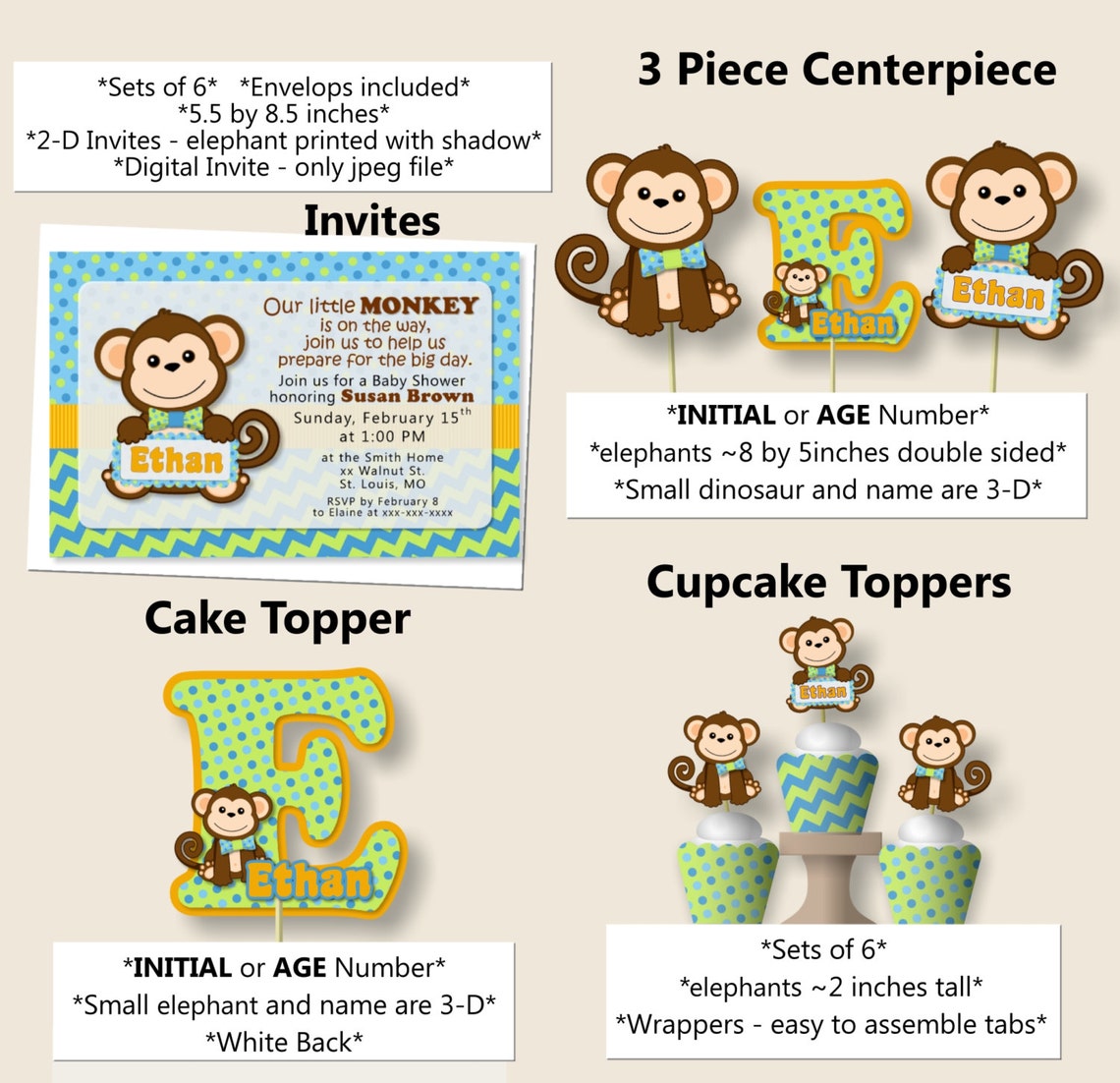Boy Monkey Baby Shower Decorations Monkey First Birthday Etsy