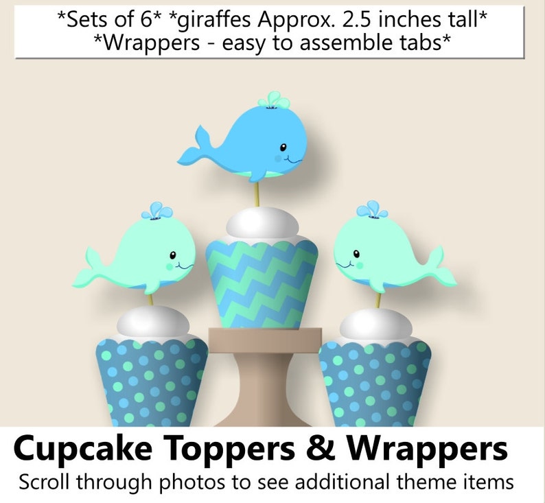 Banner Blue Favors Turquoise Teal Aqua Baby boy WHALE Baby Shower CUPCAKE TOPPERS or Whale Birthday Party Decorations Invitation