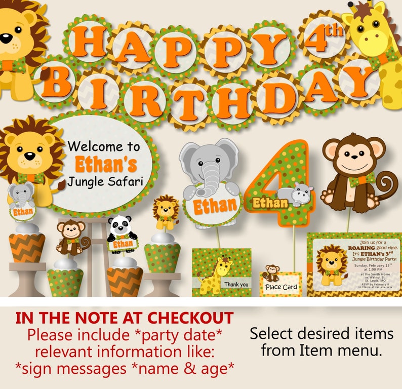 Favor Cupcake Safari Birthday Food Label Cake Topper yellow Jungle Party Place Card Banner green orange