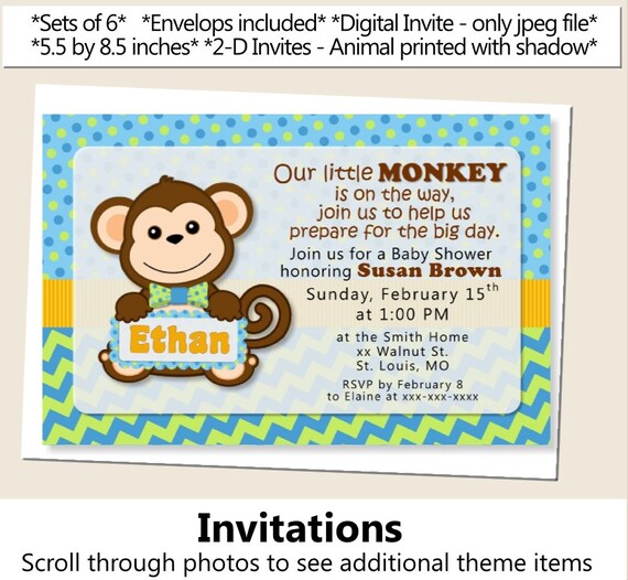 Boy Monkey Baby Shower Invitation Monkey Birthday Party Invite