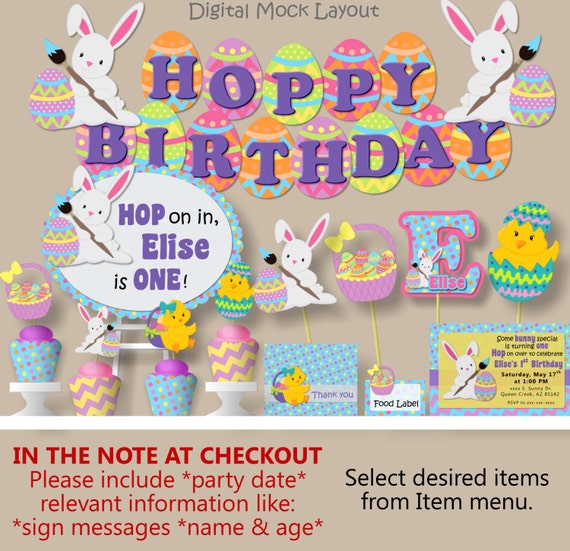 Hoppy Birthday Party or Baby Shower Decorations - Bunny Birthday, Easter Bunny - Invitation, Banner, Cake Topper, Cupcake Toppers Il_570xn
