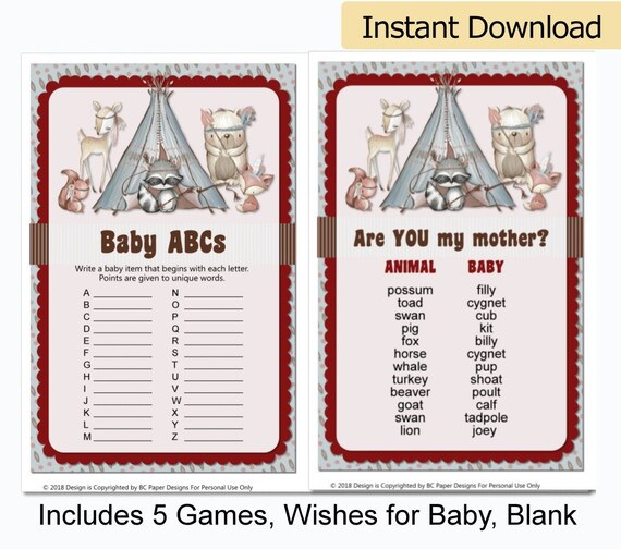 Printable Tribal Woodland Baby Shower Games Woodland Animal Baby