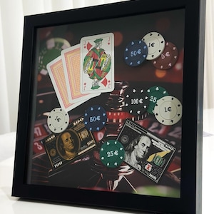 Framed Casino Shadow Box with Poker Chips, Playing Cards & Money – Unique Wall Art Gift for Gamblers And  Game Room Decor, Gift For Him