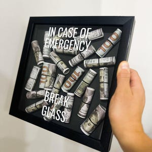 Emergency Cash Shadow Box – Funny Money Gift, Gag Gift for Him, Break Glass Frame with Rolled Bills, Unique Office or Home Decor