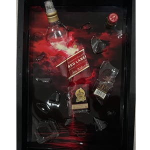 Shattered Red Label Bottle Art: 3D Resin Wall Decor