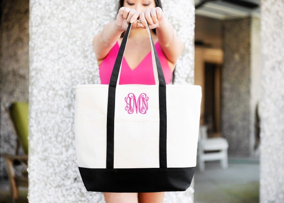 Monogrammed Canvas Cream off White Black Trim Everyday Tote 