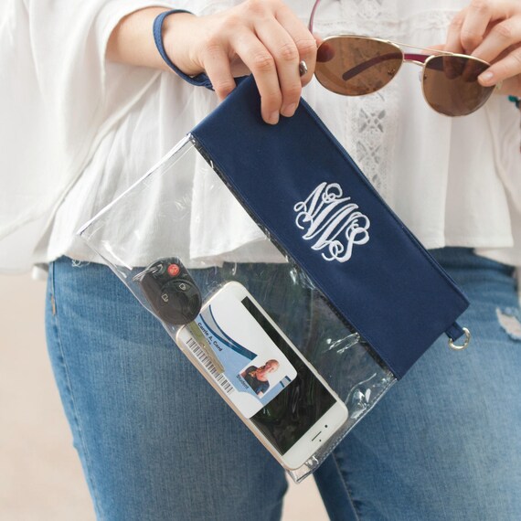 Monogrammed Navy Blue Clear Zip Pouch Crossbody Purse Game Day Fast Turnaround FREE MONOGRAMMING