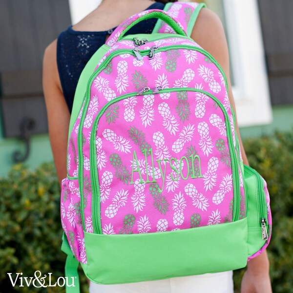 CLEARANCE In Stock Ready to Ship Personalized Monogrammed Pink Green White Pineapple Backpack -- Free Monogramming--FAST TURNAROUND