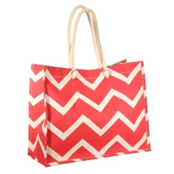 Personalized Monogrammed Red and Natural Chevron City Juco Tote Bag Burlap Jute--Free Monogramming--Fast Turnaround