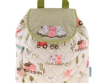 Personalized Monogrammed --New Pattern- Stephen Joseph Kid Quilted Pink Green Farm Pig Cow Sheep Backpack-Free Monogramming--Fast Turnaround