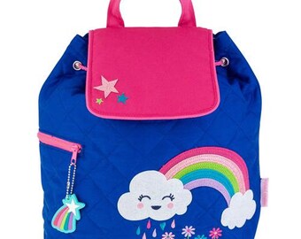SHIPS NEXT DAY--Personalized Monogrammed --New Pattern Stephen Joseph Kid Quilted Teal Pink Rainbow Flower Backpack-Free Monogramming-