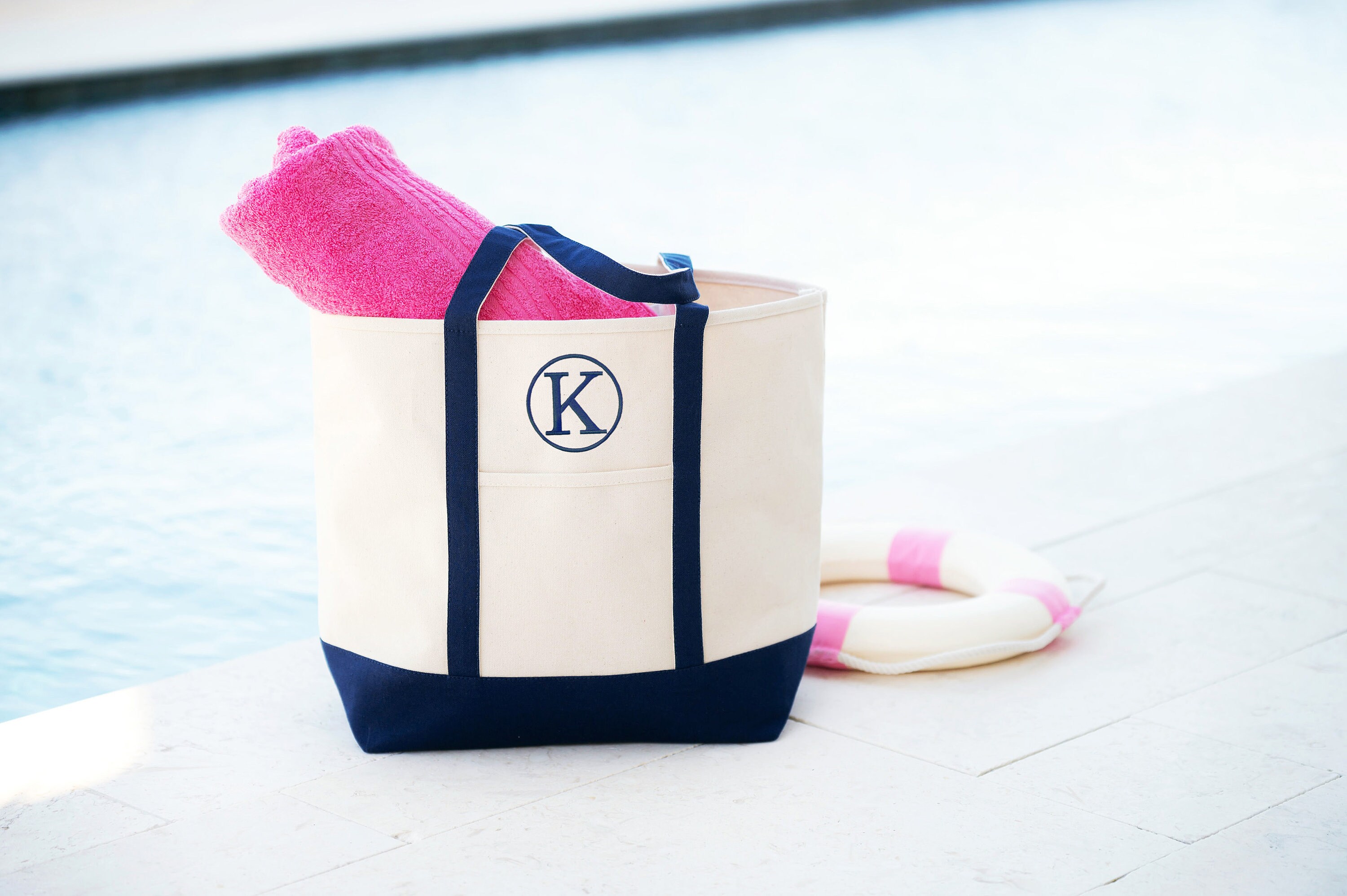 Monogrammed Canvas Cream off White Hot Pink Trim Everyday Tote