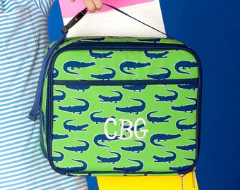 In Stock Ready to Ship Personalized Monogrammed Lime Green Navy Blue Later Gator Lunch Bag Box Tote -- Free Monogramming--FAST TURNAROUND
