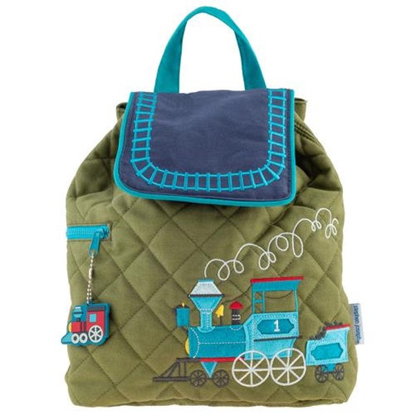 Personalized Monogrammed --New Pattern-Stephen Joseph Kid Quilted Blue Olive Green Train Backpack--Free Monogramming--Fast Turnaround