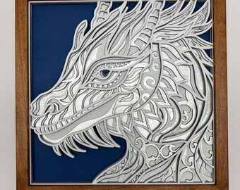 3D-muurkunst met witte draak, gelaagd hout – Handgemaakt fantasiedecor