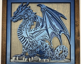 3D-muurkunst houten draken – lasergesneden fantasiedecor - schaduwdooskunst