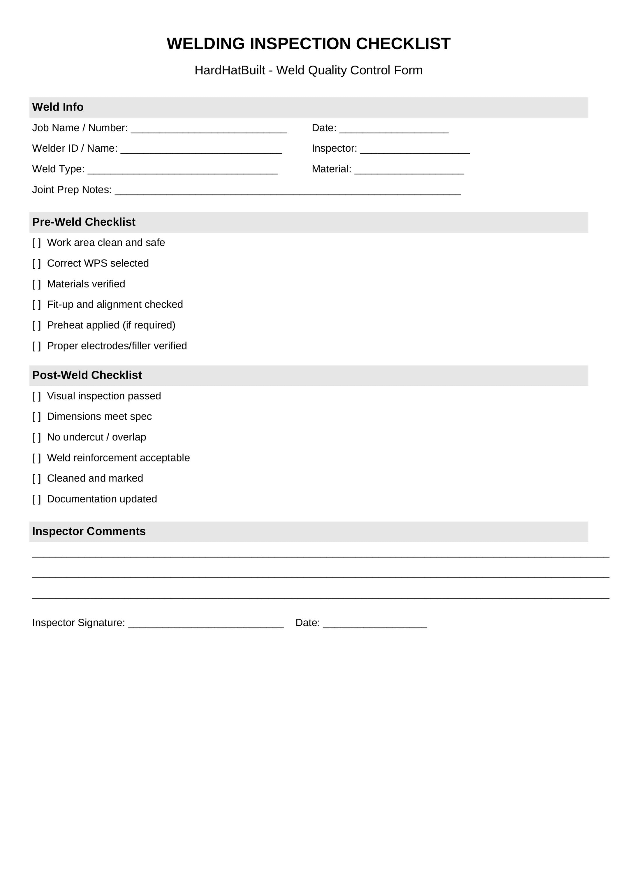 Welding Inspection Checklist | Printable PDF Weld Quality Control Form ...
