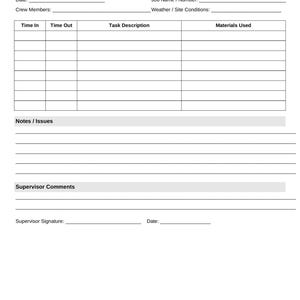 May include: A white Daily Field Log sheet with the text "DAILY FIELD LOG" at the top. The sheet includes sections for log details, time in/out, task description, materials used, notes, and supervisor comments. The sheet is labeled "HardHatBuilt - Blue Collar Work Log Sheet."