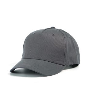 May include: A solid gray baseball cap with a curved brim. The cap has a six-panel design with a button on top. The fabric appears to be a durable cotton or similar material, suitable for casual wear.