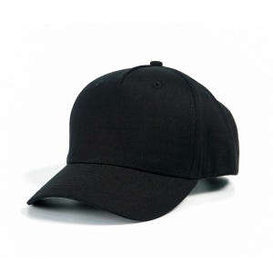 May include: A solid black baseball cap with a curved brim. The cap has a rounded crown and a small button on top. The hat is made of a smooth, matte fabric and is set against a white background.
