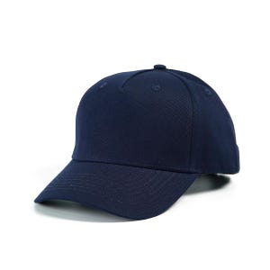 May include: A navy blue baseball cap with a curved brim. The cap has a structured crown and a small button on top. The fabric appears to be a durable, woven material. The cap is designed to provide shade and protection from the sun.