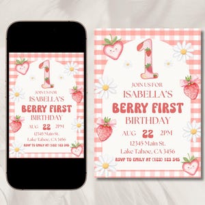 Invito per il primo compleanno di Berry, Invito per il primo compleanno, Daisy Strawberry, Primo compleanno di Berry, Primo compleanno per bambina, Modello modificabile