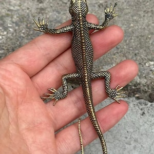 May include: A detailed brass lizard figurine with a textured body and outstretched limbs. The lizard has a gold and black color scheme, with intricate detailing on its scales and claws. The tail is long and slender, and the overall design is realistic.