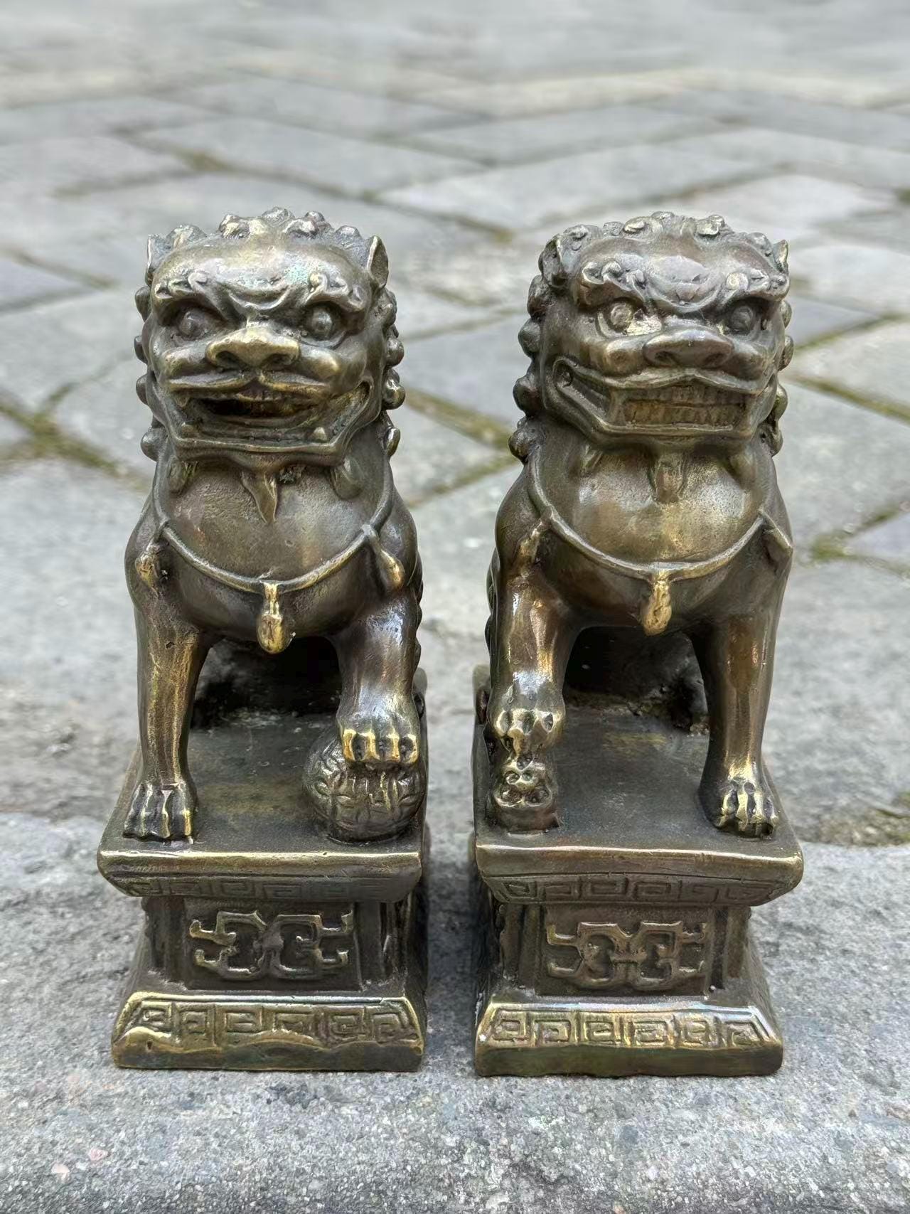 Pair Copper Lion Statue ,antiques Chinese Bronze Fu Foo Dog