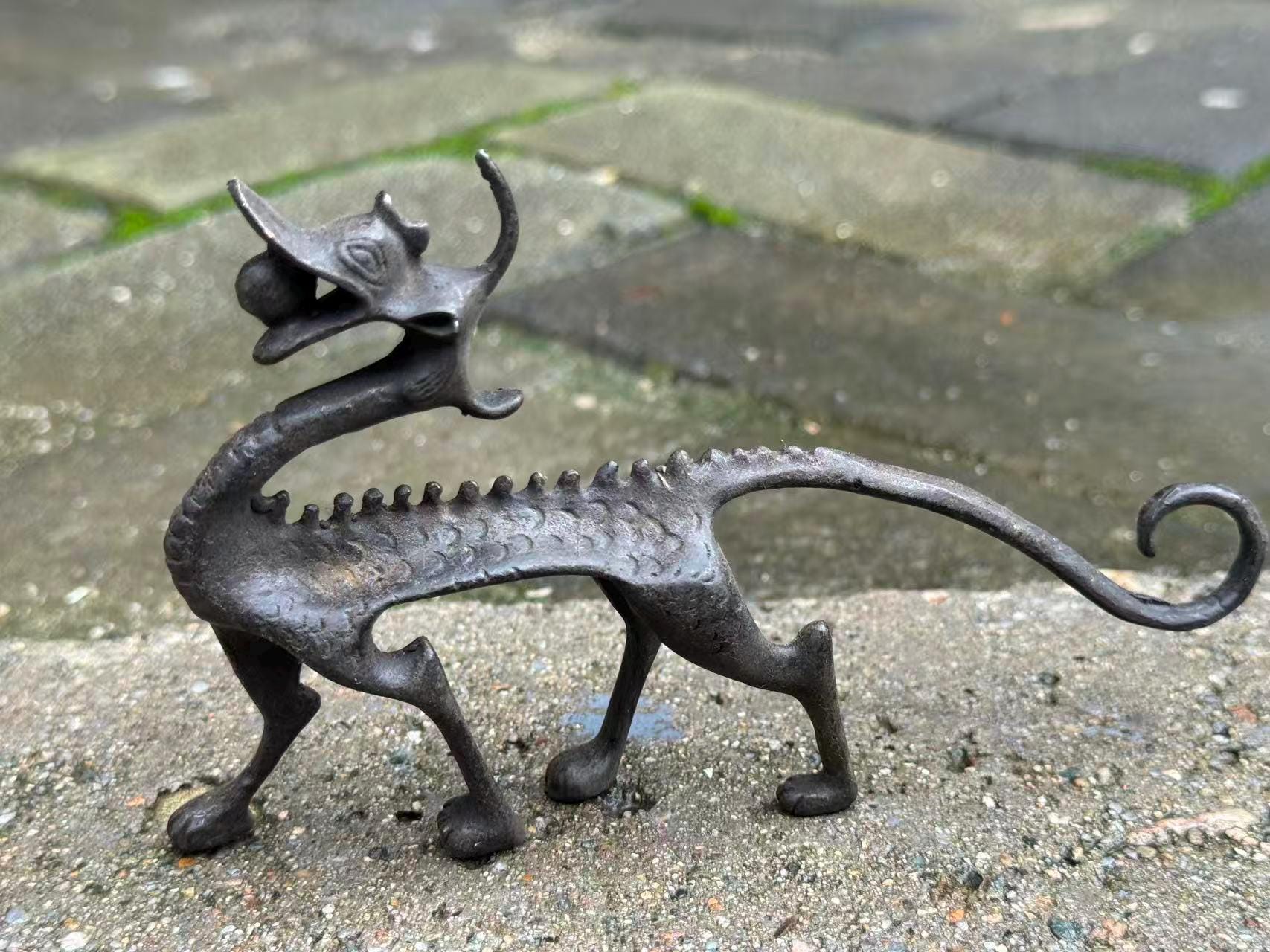 Ancient Copper Gilt Dragon Beast Statue Old Chinese Bronze 12