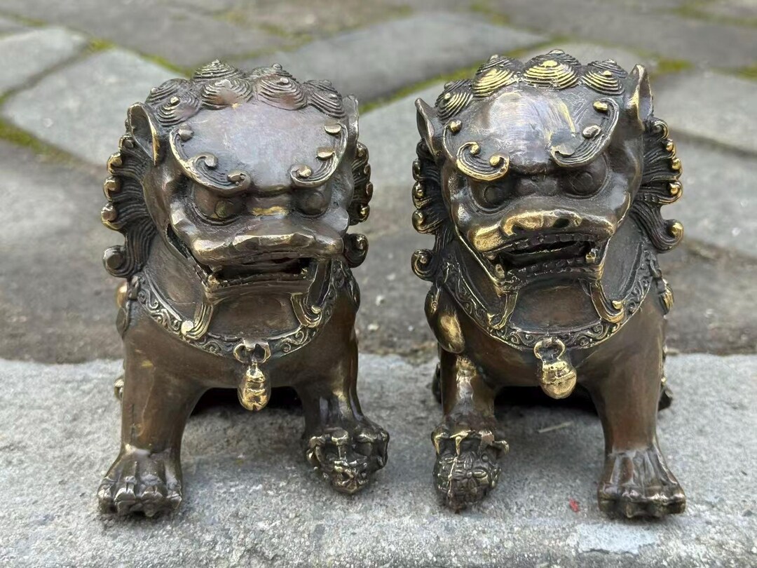 Pair Asian Copper Lion Statue ,antiques Chinese Bronze Fu Foo Dog ...