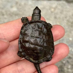 May include: A small, dark bronze turtle figurine. The turtle has a detailed shell, head, tail, and tiny feet. The figurine is held in a person's hand, showcasing its size and intricate design. The bronze color gives it an antique appearance.