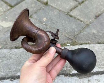 Timbre de estilo antiguo vintage para bicicleta, coche, bicicleta, bocina de bicicleta antigua, cobre antiguo, caucho, coleccionable, accesorio raro, decoración VTG envejecida, rara